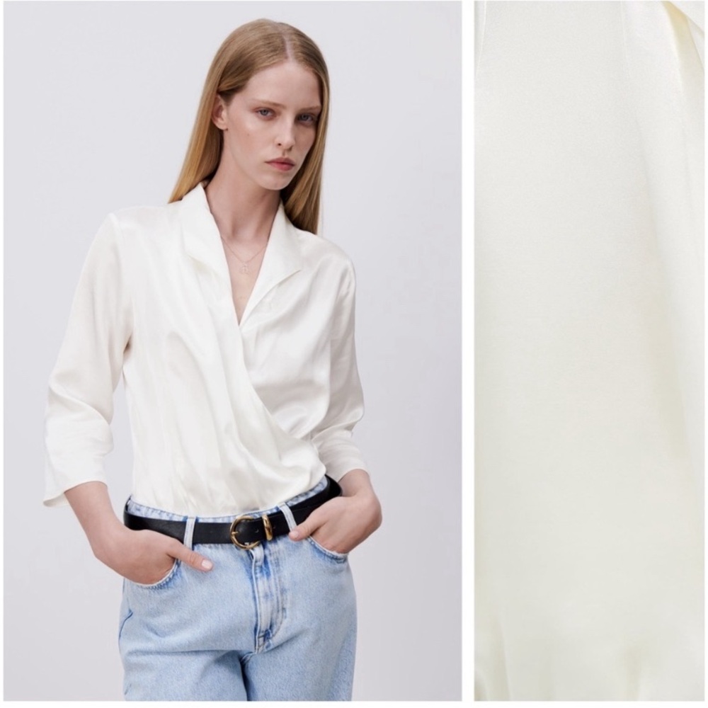 Zara White Satin Effect Bodysuit with Crossover V-neckline